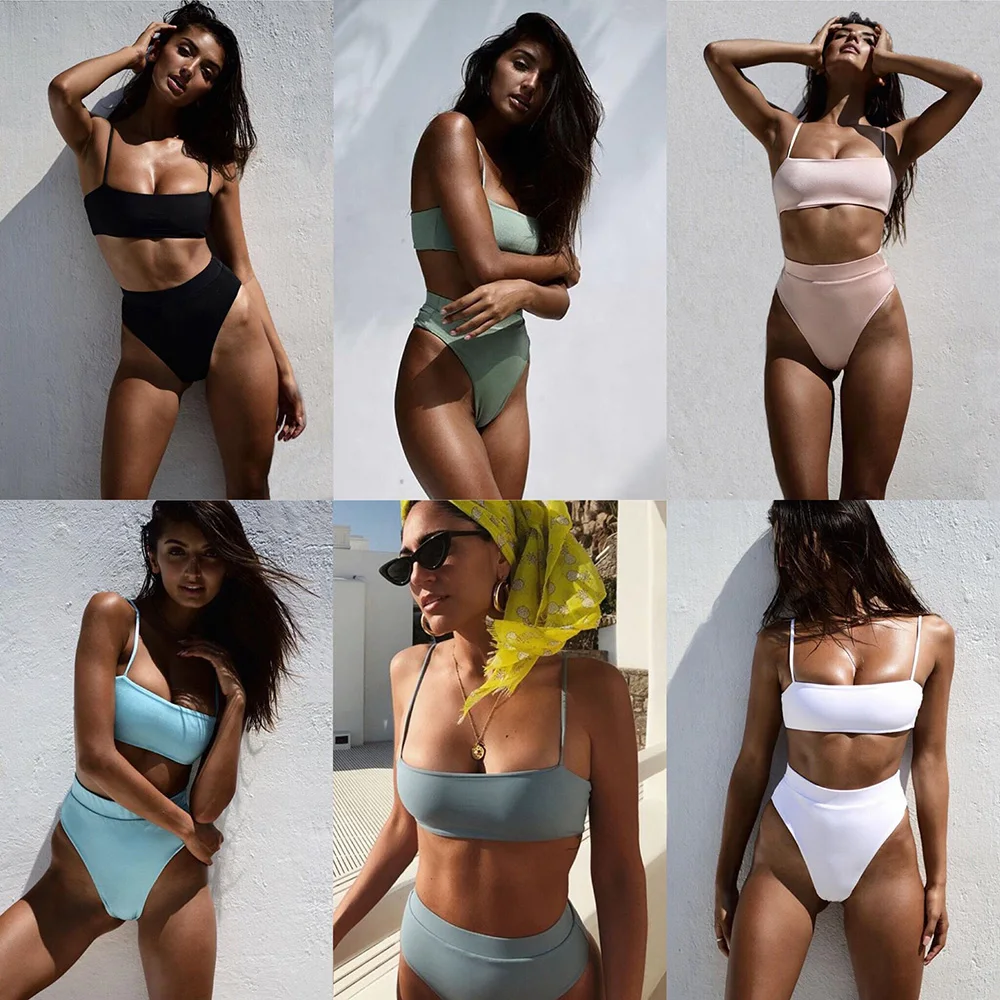 Calofe Sexy Bikinis Set Solid Push Up Bikini 2021 Hot Sale Padded Bra Straps High Waist Swimsuit Female Swimwear Women Biquinis