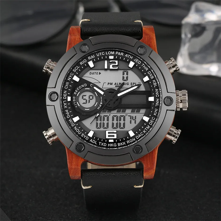 

Creative Wood Watch Men LED Display Digital Genuine Leather Wristwatch Cool Sport Man Timepiece Wooden Clock Gifts Male