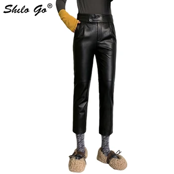 

Leather Pants Office Lady Single Button Detail Sheepskin Straight Trousers Women Autumn Casual Minimalist High Waist Fit Pants