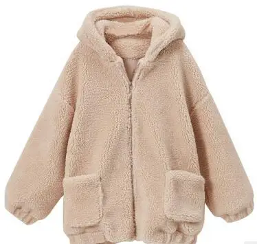 M beige Liva/пальто из искусственного меха для девочек с капюшоном и высокой талией; модная свободная синяя и белая куртка из искусственного меха - Цвет: M beige