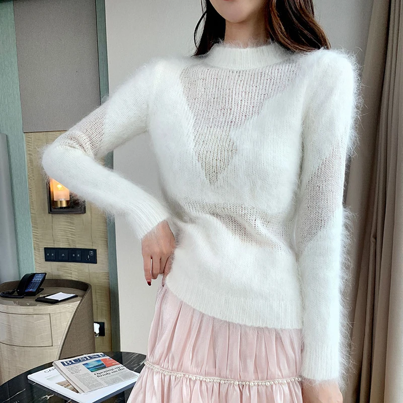 white TWOTWINSTYLE Повседневный свитер для женщин с круглым вырезом и длинным рукавом, тонкий осенний женский свитер, модная одежда - Цвет: white