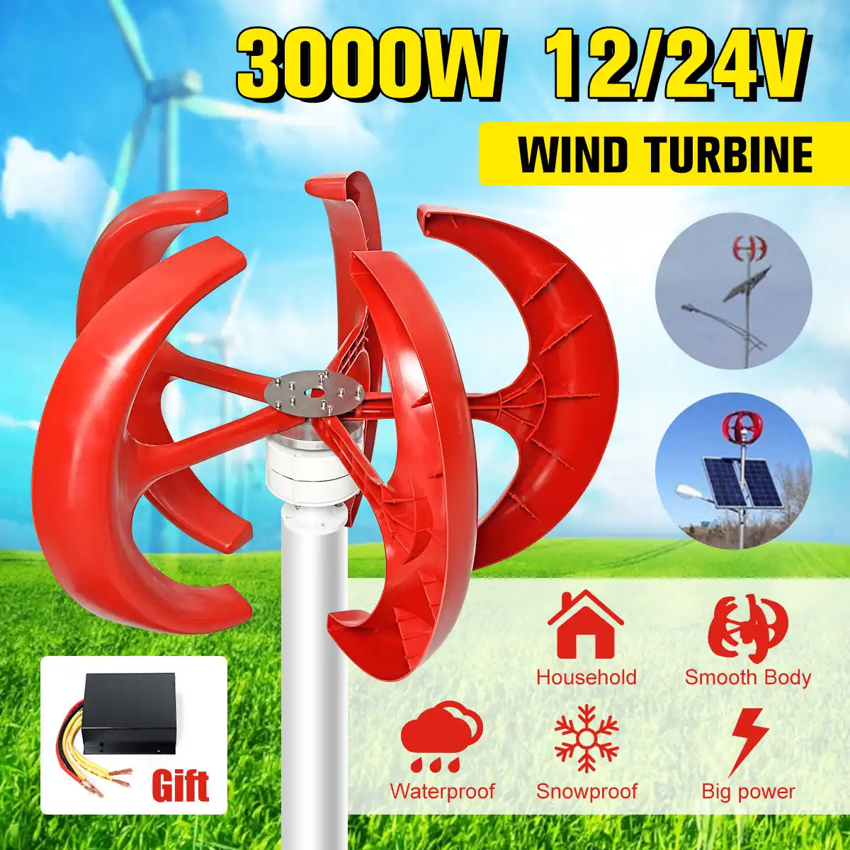 3000 ワット 5 ブレード垂直軸風力タービン発電機ランタン 12v 24v モーターキット電磁家庭用ハイブリッド街灯使用 代替エネルギー発電機 Aliexpress