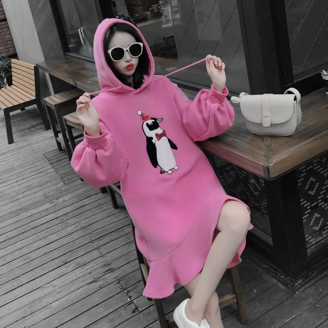 

Photo Shoot CHIC Playful Cartoon Lantern Sleeve Hoodie Dress Women's GIRL'S Heart Flounced Joint Fishtail Dress