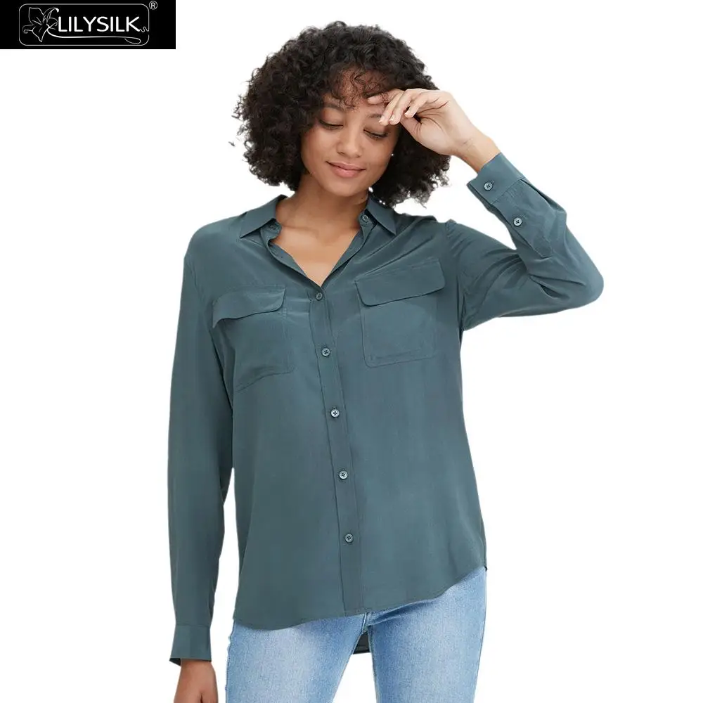 

LilySilk Shirts Blouse Women Long Sleeve Basic Box Pleated 100% Crepe de chine silk lightweight wrinkle-resistant Free Shipping
