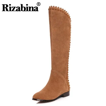 

RIZABINA Size 33-40 Women Real Leather Knee High Winter Boots Women Ruffles Warm Fur Inside Warm Flat Botas Gladiator Shoes