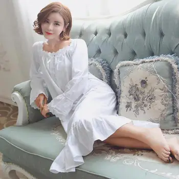 

Elegant Long Sleeve Nightgowns For Women Solid Square Collar Mid Long Nightdress Loose Hem Ruffles Bathrobe Mujer Female Nighty