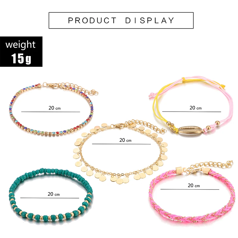 Tocona Boho Красочный Кристалл бисером круглый вафельный кулон в виде ракушки набор ножных браслетов для женщин Многослойная плетеная веревка цепочка на лодыжке 8069