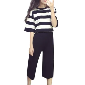 

2020 Newest Summer Sets Women's Fashion Casual Striped T-shirt + Loose Nine Wide Leg Pants Tide Set