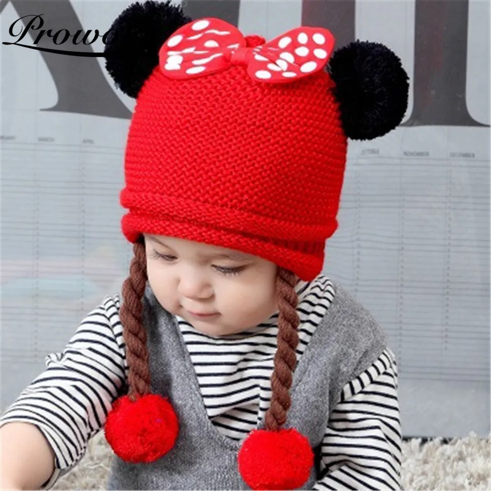 

Prowow Cute Girls Minnie Hats Baby Girl Cap Bow Knitted Hat With Two Pompoms Autumn Winter Warm Kids Beanie Hat