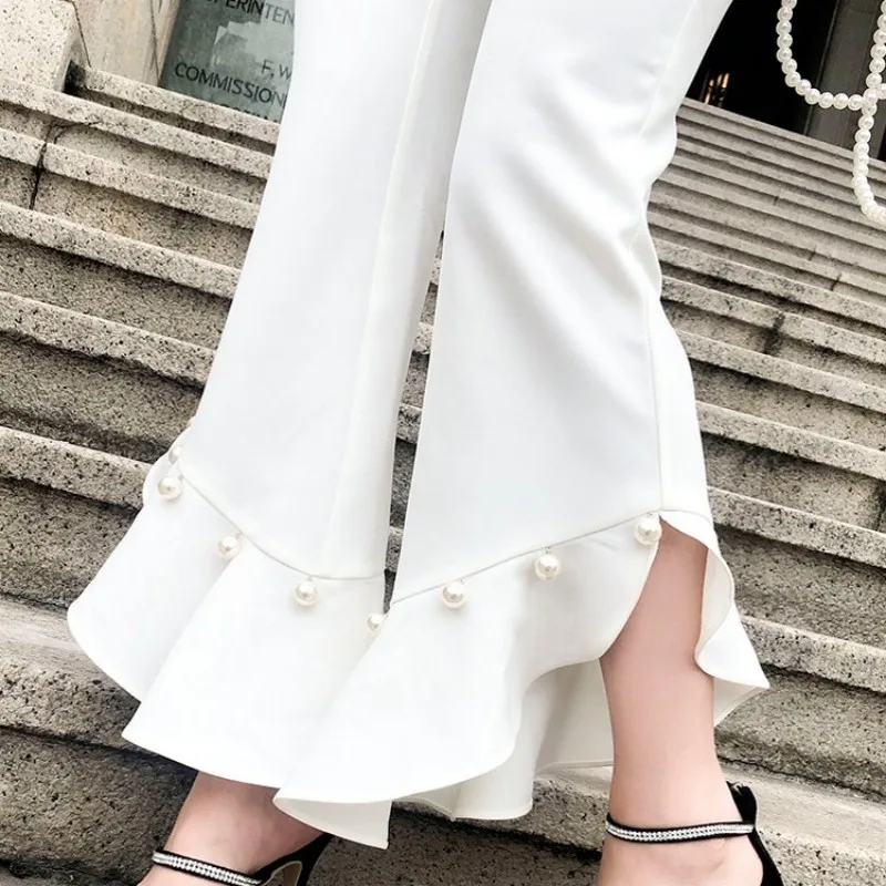 Summer White Women Flare Pants Pearls Ruffles Fishtail Pants Slim Fit Long Trousers Office Ladies High Waist Bell-bottomed Pants