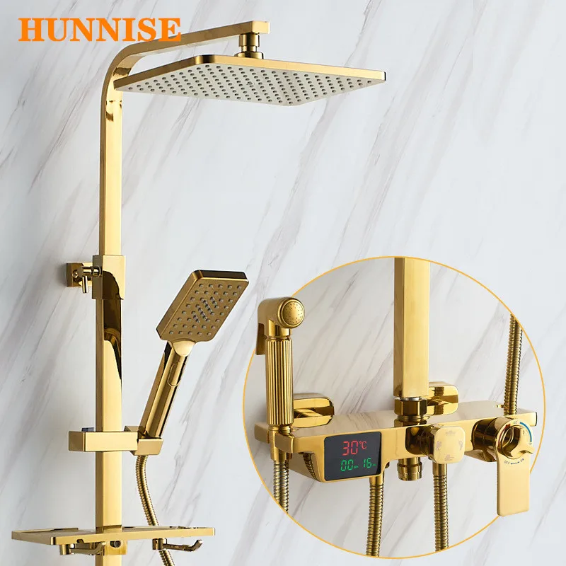 

Bathroom Shower Set HUNNISE Digital Shower System Rainfall Shower Head Brass Bathtub Faucet Gold Thermostatic Shower Mixer Set