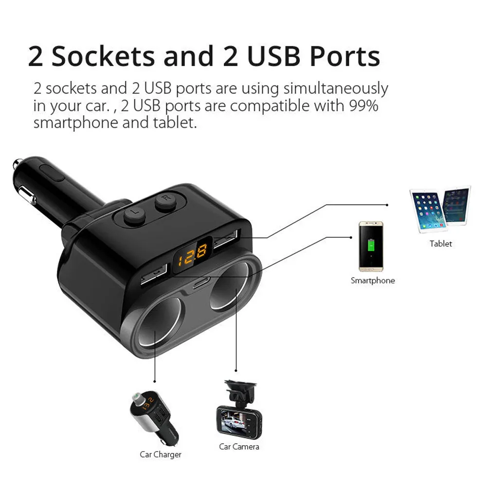 Двойной USB Разъем Автомобильный ЖК-прикуриватель сплиттер Тип C зарядное устройство адаптер питания GK99