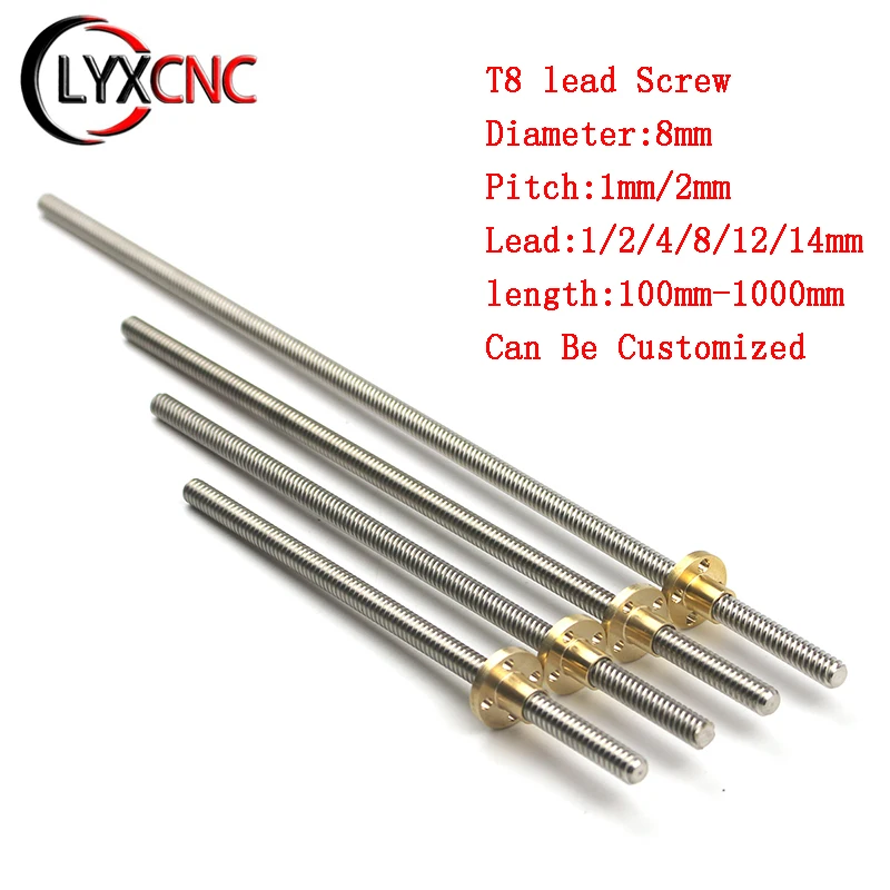 T8 Lead Screw Diameter 8mm Lead 1/2/4/8/12/14m Pitch 1/2mm Length 100-1000mm Trapezoidal Screw With Brass Nut For 3D Printer bearing steel rod d type shaft grind flat linear rail round length 30 45 50 60mm diameter 5mm for voron motion parts