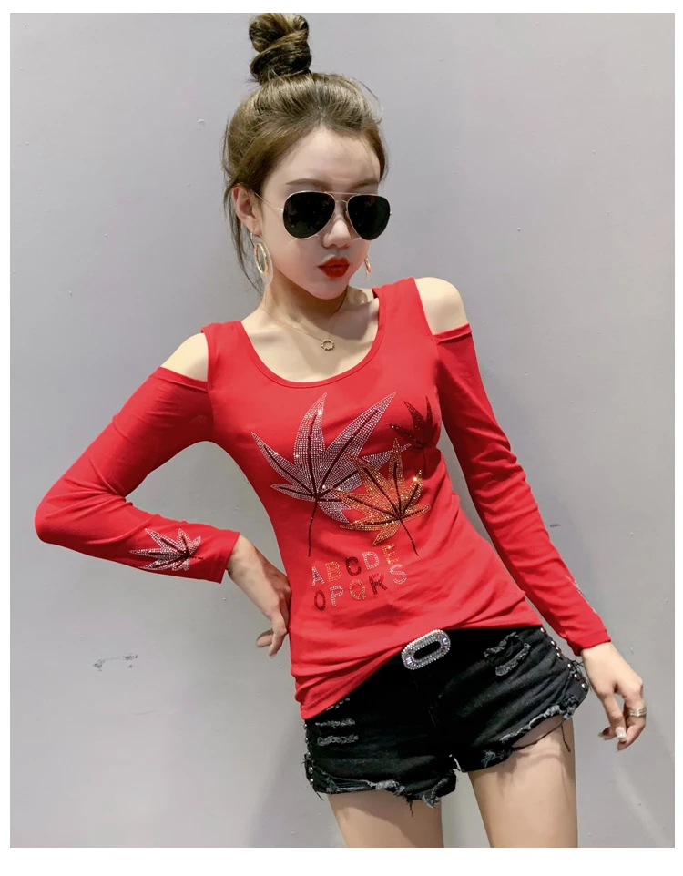 2020 Autumn long sleeve women t-shirt Sexy off the shoulder hot drilling women tops and shirt plus size women clothing