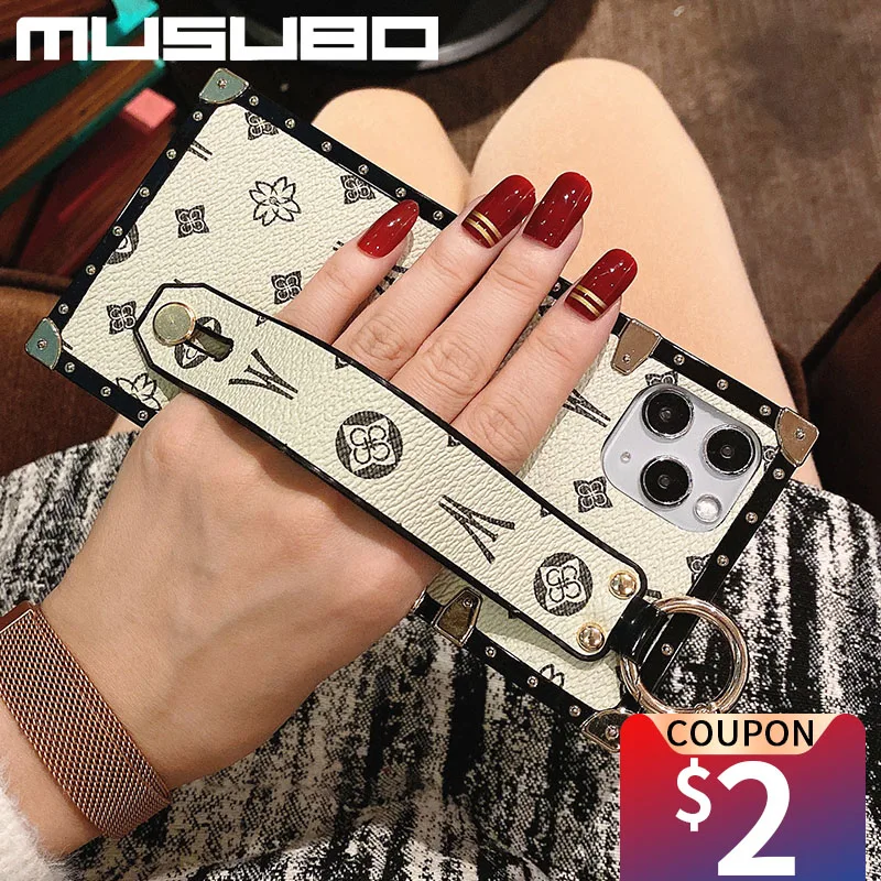 Luxury Wrist Strap Holder Square Phone Case For IPhone 12 11 Pro MAX X XS  XR 7 8 6s Plus SE 2020 Fashion Geometric Leather Cover