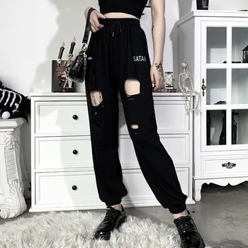 

Summer Casual Loose Hole Harem Pants Women Female Letter Printed Drawstring Elastic Waist Comfortable Trousers Girls Pants