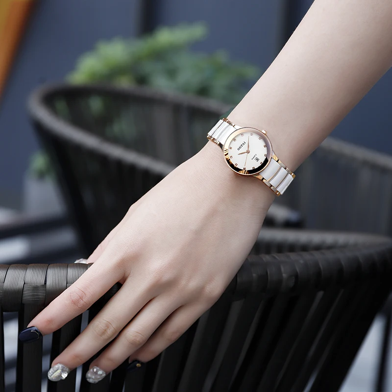 OUAPI Watch Women Diamond Rose Golden White Ceramic Strap Watch Lady Luxury Business Wrist Watch Women for Ladies Reloj Mujer