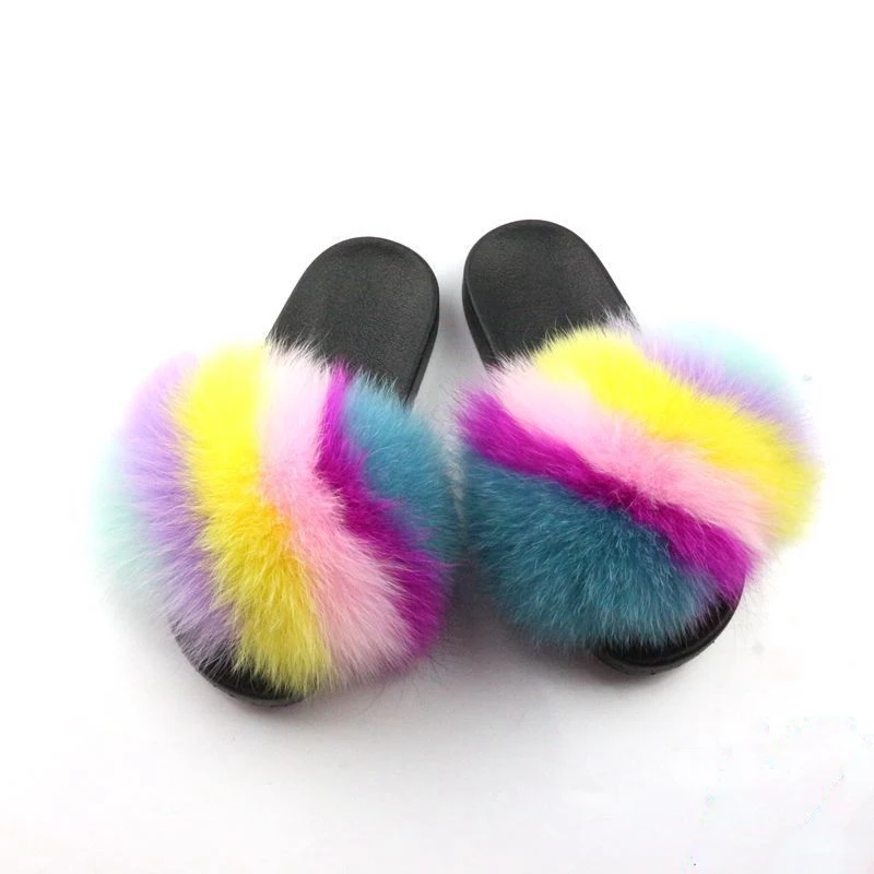 

Women's Slippers Casual Flip Flops Beach Colorful Plush Fluffy Soft Furry Designer Shoes Female Sandal Outdoor Street Fur Slides