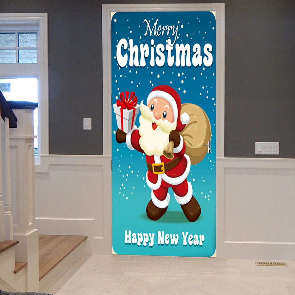 

New Door Stickers 3D Self-Adhesive Wall Stickers PVC Cartoon Santa Claus Snowman Christmas Decoration For Home Navada Gifts 2019