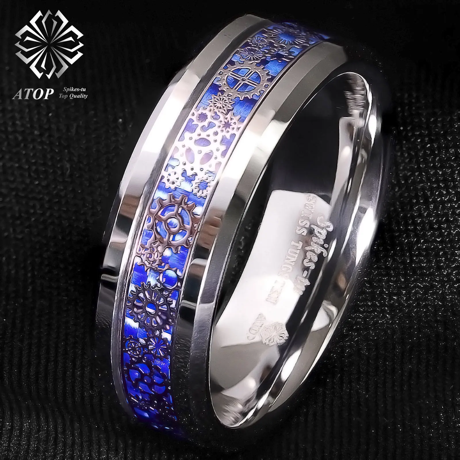 8 мм вольфрамовое кольцо ATOP обручальное Steampunk заводные шестерни синее углеродное