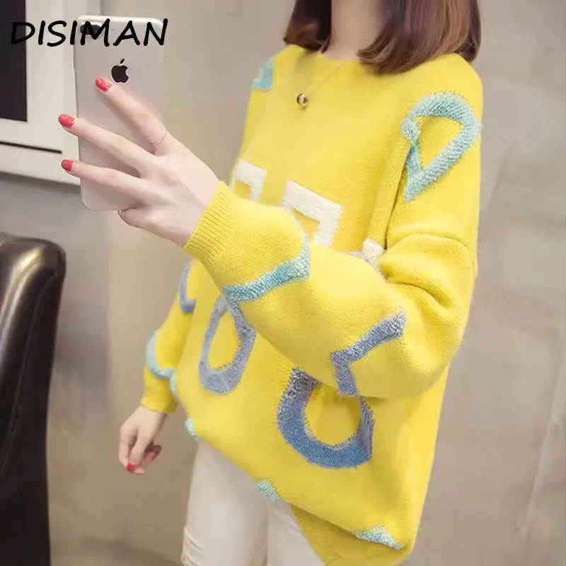 

fall 2019 casual knitted plus size yellow sweaters women pullover new korean loose fuzzy ladies sweaters winter tops streetwear