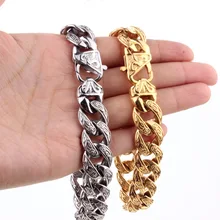 Крутой Байкерский мужской браслет 15 мм из нержавеющей стали, литой цветок, кубинская цепочка, браслет, ювелирный золотой или серебряный цвет 9"