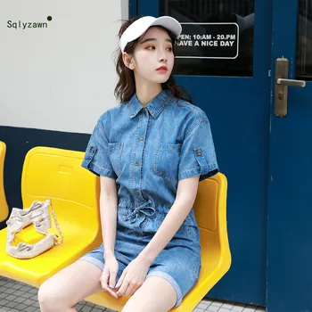 

Women Streetwear Short Sleeve Blue Denim Playsuits Summer Loose Button Lace Up Jeans Jumpsuits Kawaii Harajuku Romper Overalls