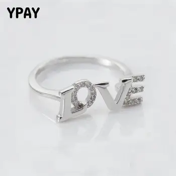 

YPAY 100% 925 Sterling Silver LOVE Letter Open Rings for Women Ladies Clear Zircon Promise Ring Jewelry Christmas Gift YMR460