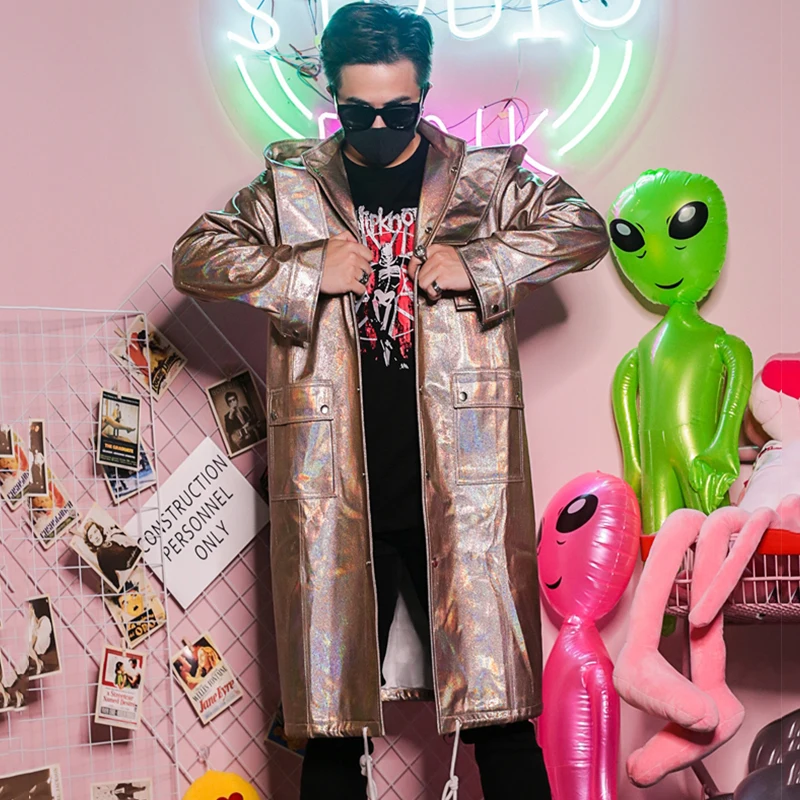 Мужской Тренч с капюшоном для певцов в ночном клубе DJ Сценические костюмы мужские модные уличные хип-хоп Длинный плащ куртка рейв-одежда DT1140