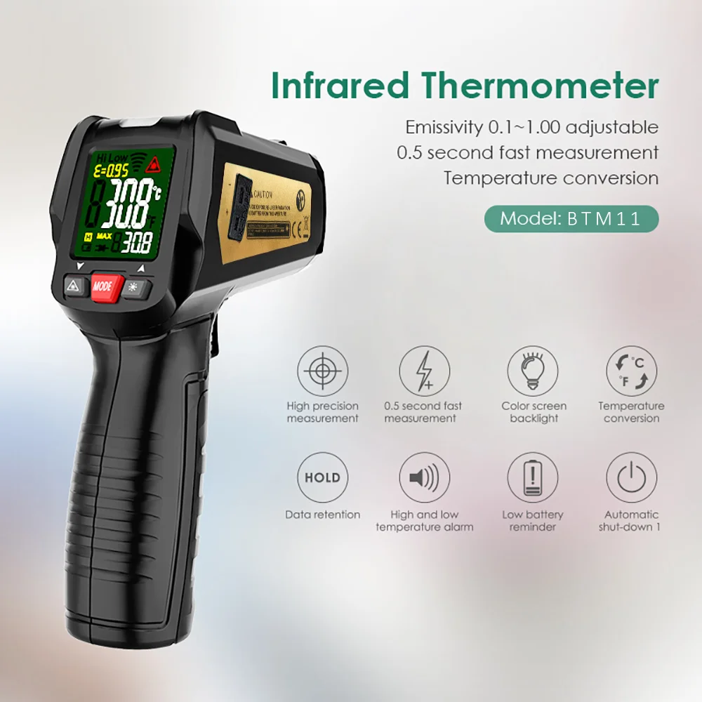 

MAXRIENY BTM11 Infrared Thermometer Non-Contact Industry IR Digital Pyrometer Temperature Meter Point Gun50~580Celsius Alarm