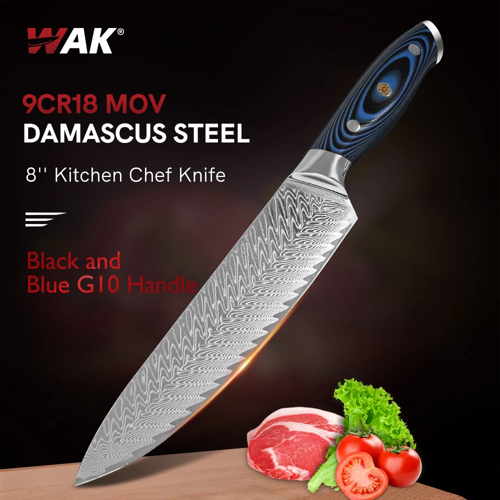 WAK Professional 9Cr18MoV Damascus Steel Kitchen Chef Knife V Shaped Pattern Blade Knives Blue and Black G10 Soft Handle | Дом и сад
