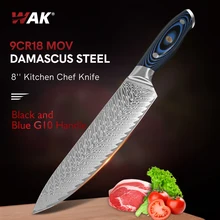 WAK Professional 9Cr18MoV Damascus Steel Kitchen Chef Knife V Shaped Pattern Blade Knives Blue and Black G10 Soft Handle Knife