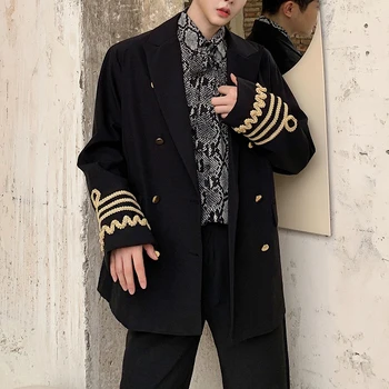 

Streetwear Hip Hop Suit Jacket Outerwear Stage Blazer Hombre Vintage Double Breasted Loose Casual Suit Blazer Coat Uniform Male