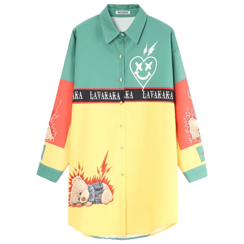 Женская длинная рубашка с мультяшным принтом весна 2021|Рубашки| |