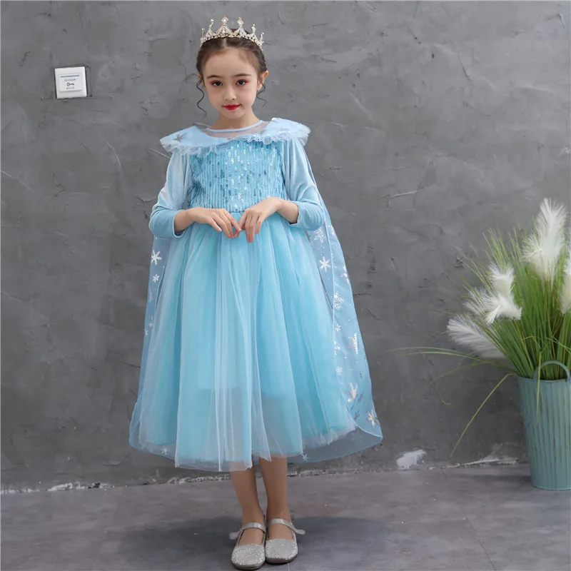 Girls Queen Elsa Cosplay Costume Kids Fancy Party Princess Dress with cape Children Christmas Clothing For Halloween | Детская одежда и