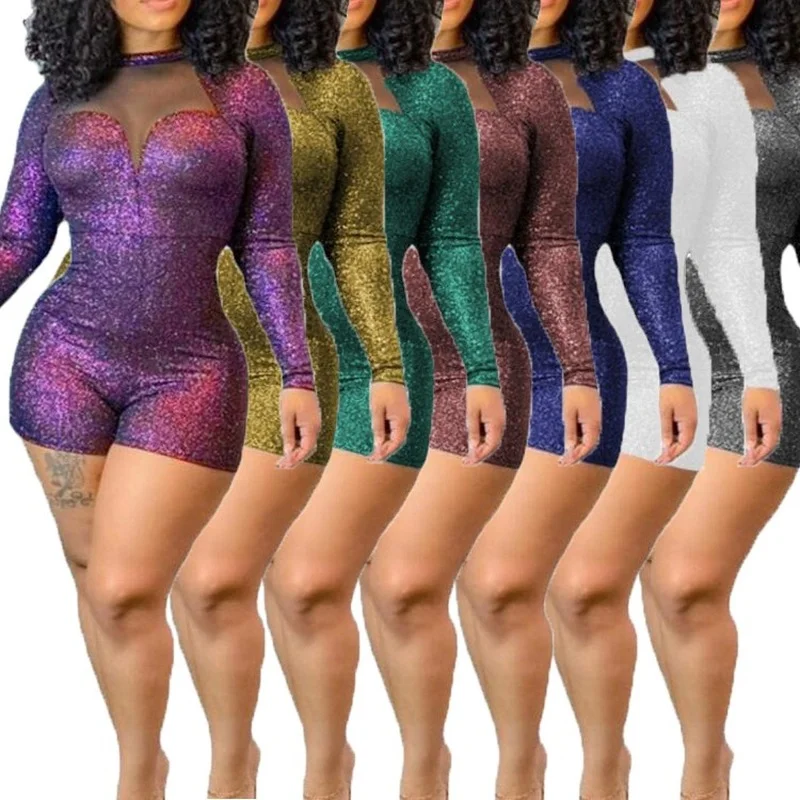Shining Long Sleeve Party Jumpsuit Sexy Patchwork Mesh Turtleneck Playsuit Women Night Club Bodycon Rompers One Piece Outfit |