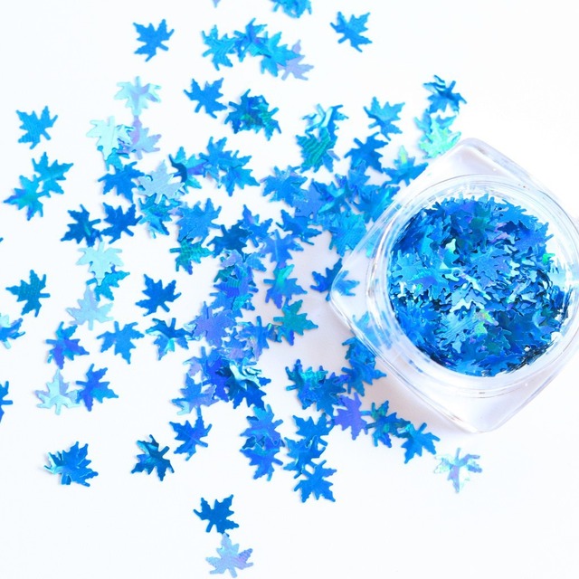 box with 12 styles of color laser maple leaf nail sequins Holographic Metallic Leaf Glitter Sequin Nail Art Patch Decoration