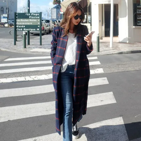 Осенне-зимний халат в китайском стиле, Женское шерстяное пальто выше колена с поясом Повседневная Длинная ветровка в клетку с длинными рукавами и лацканами