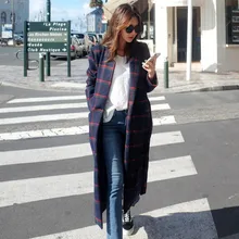 Осенне-зимний халат в китайском стиле, Женское шерстяное пальто выше колена с поясом Повседневная Длинная ветровка в клетку с длинными рукавами и лацканами