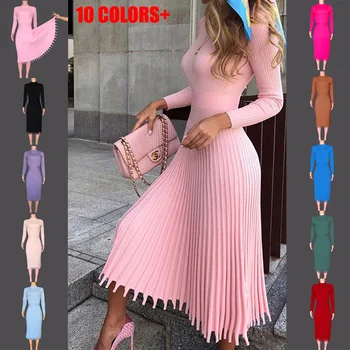 

Women Knitted Long Dress Autumn Winter Basic Full Sleeve Ladies Slim Vintage Dress Elegant Party Female Sweater Maxi Dress