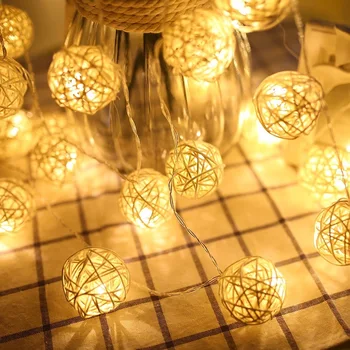 10/20/40/80 Leds Rattan Ballen String Lights Batterij Guirlande Katoen Bal Licht Ketting Vakantie Kerstverlichting Voor patio Bruiloft