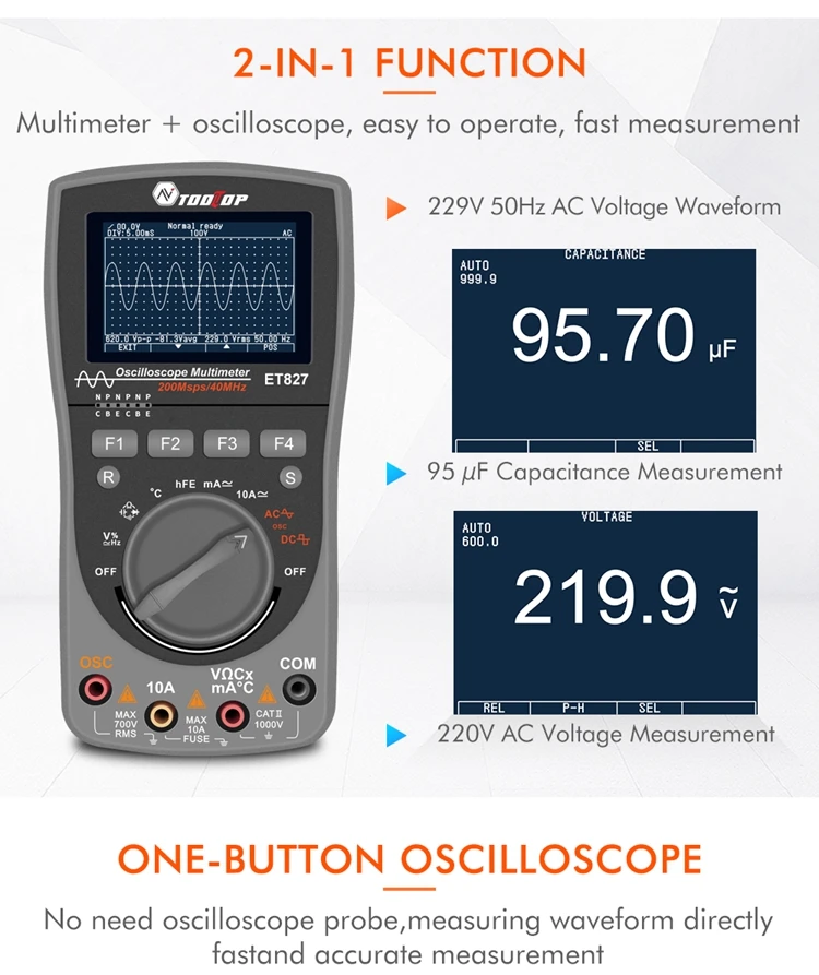 ToolTop Интеллектуальный 2в1 цифровой 40 МГц 200 Msps/S осциллограф 6000 отсчетов истинного RMS мультиметр с аналоговым Grap Авто мультиметр