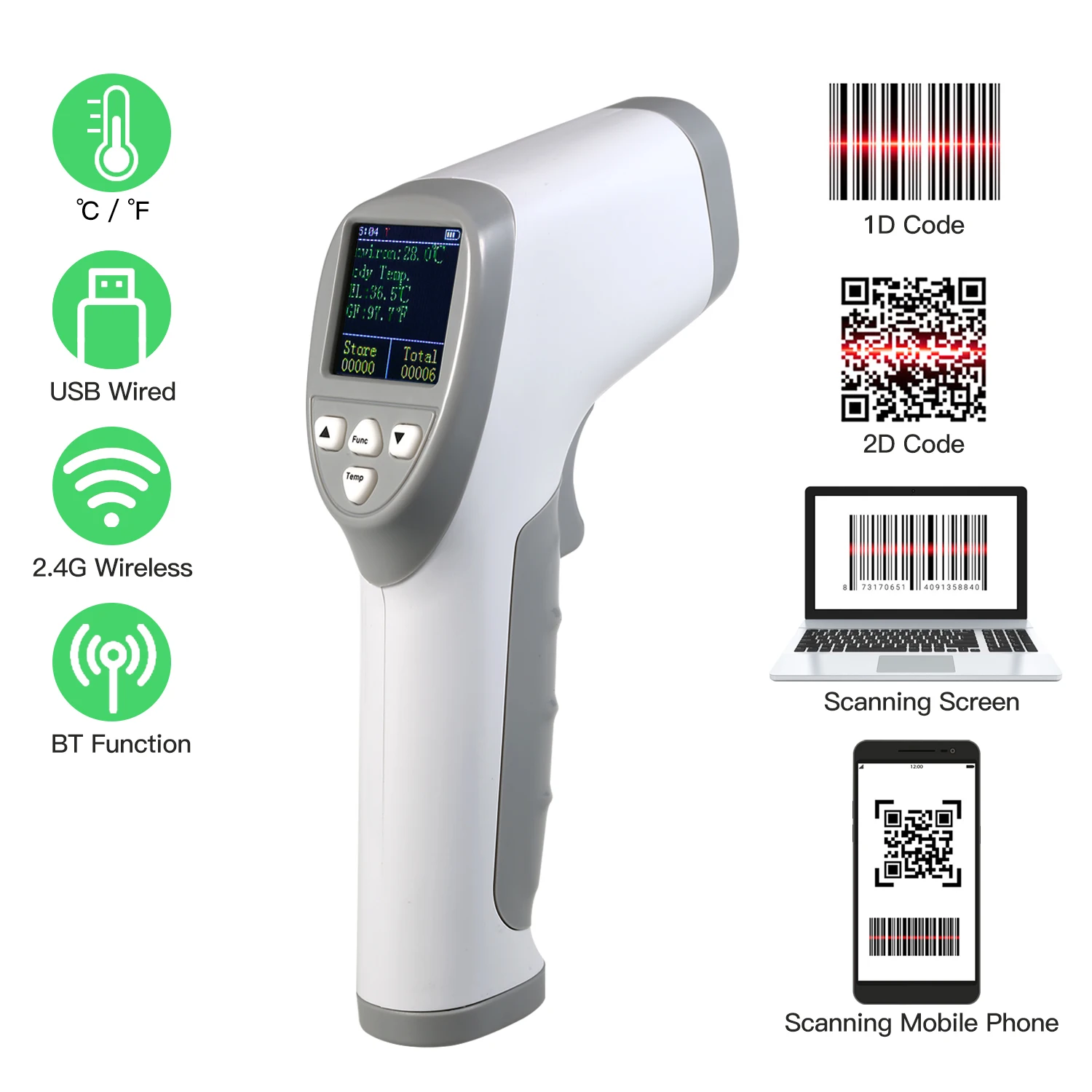 Ручной сканер штрихкодов Aibecy 3 в 1 термометр для лба 1D/2D/QR считыватель поддержка BT 2