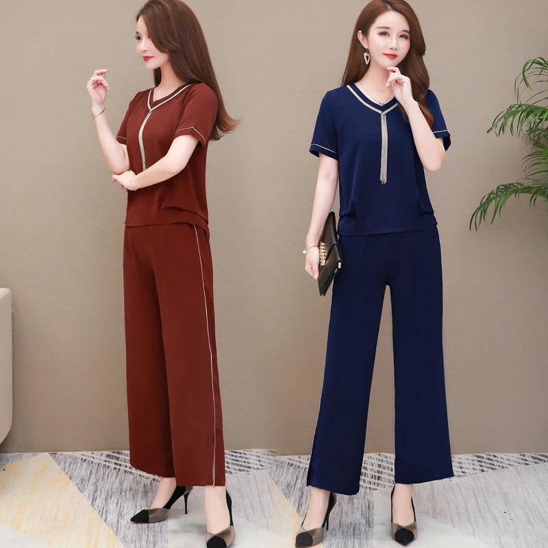 

2020 Fashion Office clothe brown Large size set Goddess Fan Top + Wide Trouser Legs Pants Two-piece Set Summer elegant for women