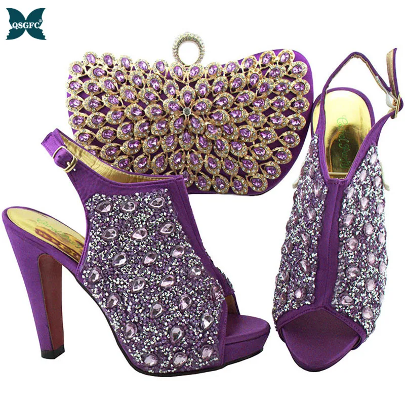 

Newest Fashion Italian design Purple Ladies Shoes and Bag Set with Matching Bags High Quality African Super High Heel for Party