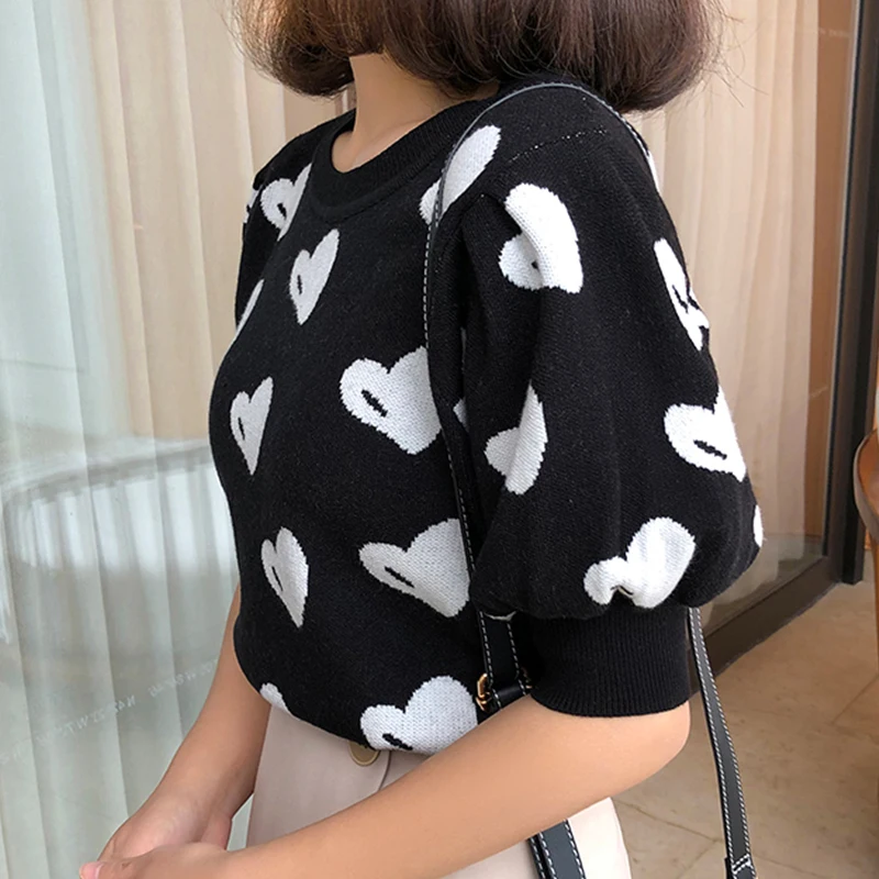 shintimes Tee Shirt Femme Hit Color Knitted T Shirts Women 2022 Summer Sweet Patchwork Puff Sleeve Tshirt Woman Vetement Femme