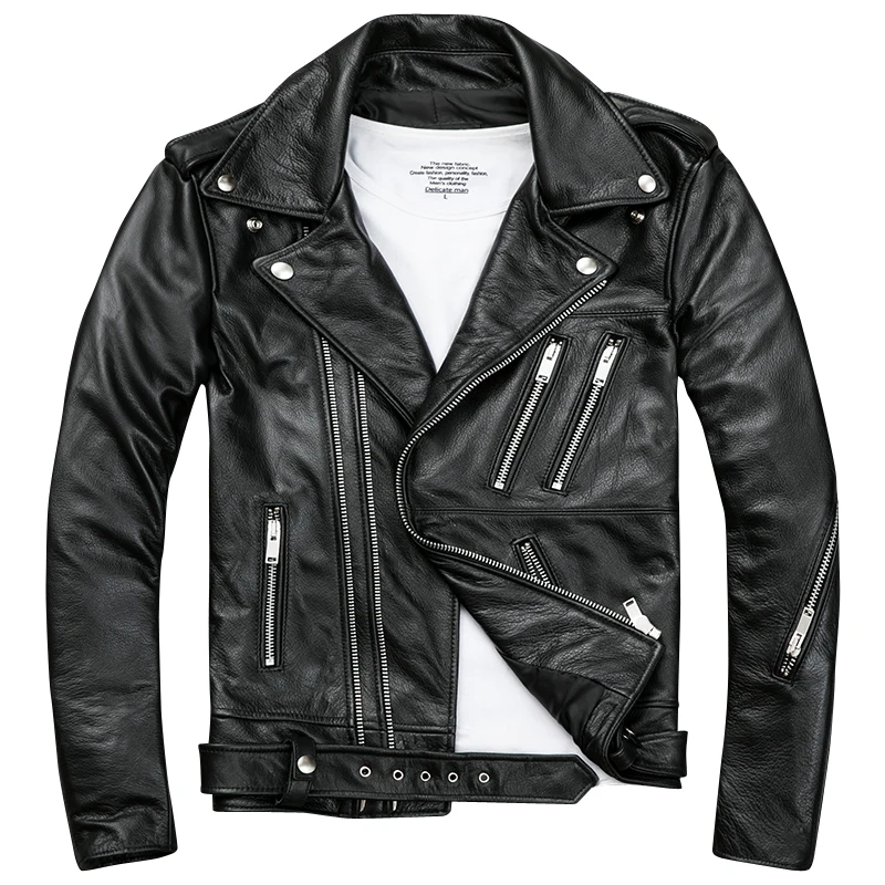Черная Мужская Байкерская кожаная куртка с двойной Диагональной молнией из натуральной толстой воловьей кожи, приталенная короткая мотоциклетная куртка - Цвет: Black