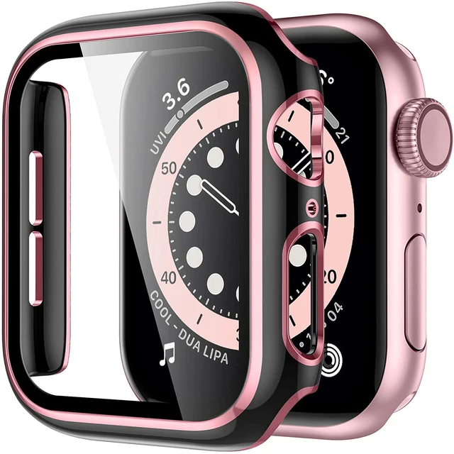 Full Screen Protector Bumper Frame Case for Apple Watch 6/SE/5/4/3/2/1 Cover Slim Tempered Glass Film for iWatch 4/5 Black pink