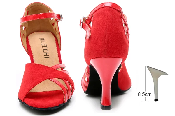 DILEECHI/Обувь для латинских танцев; бархатная яркая женская элегантная обувь из искусственной кожи; Обувь для бальных танцев; босоножки на мягкой подошве; Высокий каблук 85 мм - Цвет: red heel 85mm