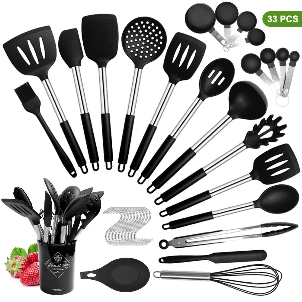 Silicone Cooking Turner Kitchenware Set 33/14pcs Stainless Steel Handle Spatula Kitchen Utensils Baking Tool Kit Storage Box